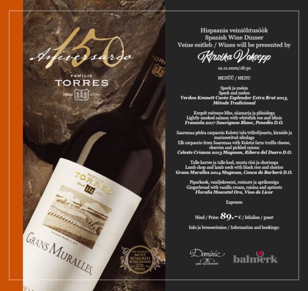 Restoran Dominic kutsub 10.12 aasta viimasele veiniõhtule Hispaania veinidega Torres veinimajalt