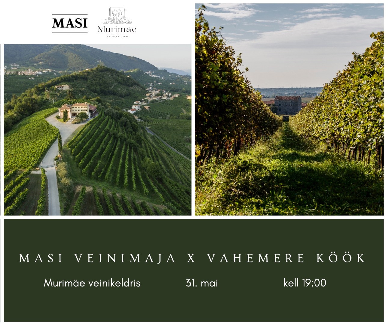   Murimäe Veinikeldril on hea meel, et võib teile pakkuda erakordset Vahemere õhtusööki koostöös Masi veinimajaga, mis on üks Valpolicella piirkonna auväärsemai
